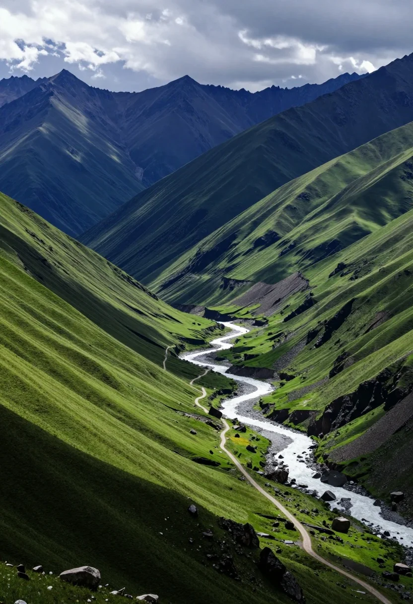 Vast mountain valley with winding river through lush green slopes under dramatic - AI generated image prompt sample