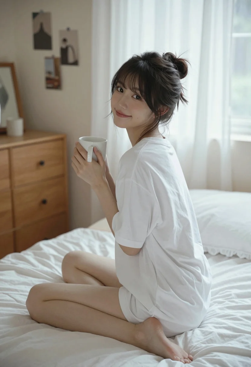 Young woman sitting cross legged on bed holding mug looking back over - AI generated image prompt sample