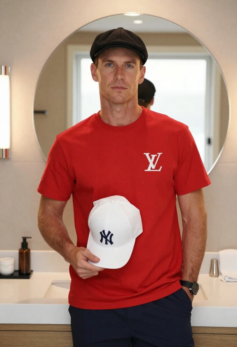 Fair skinned man in red t shirt holding baseball cap in modern - AI generated image prompt sample