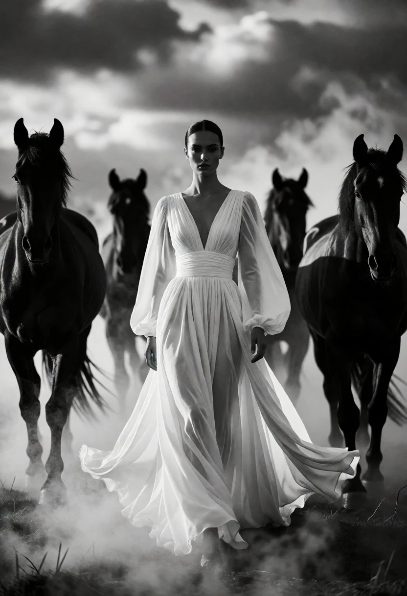 Woman in white gown centered among four dark horses emerging from mist - AI generated image prompt sample