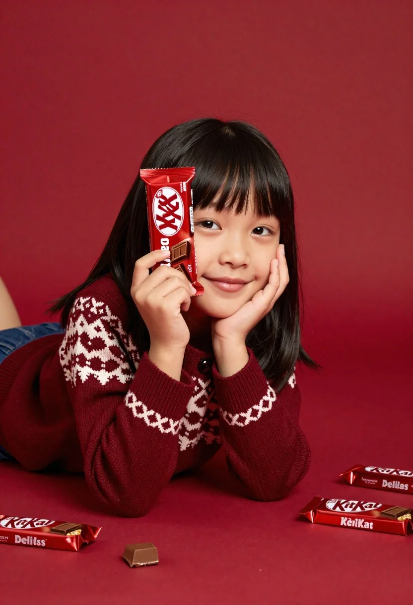 Young girl with black hair holding kitkat chocolate bar against red backdrop - AI generated image prompt sample