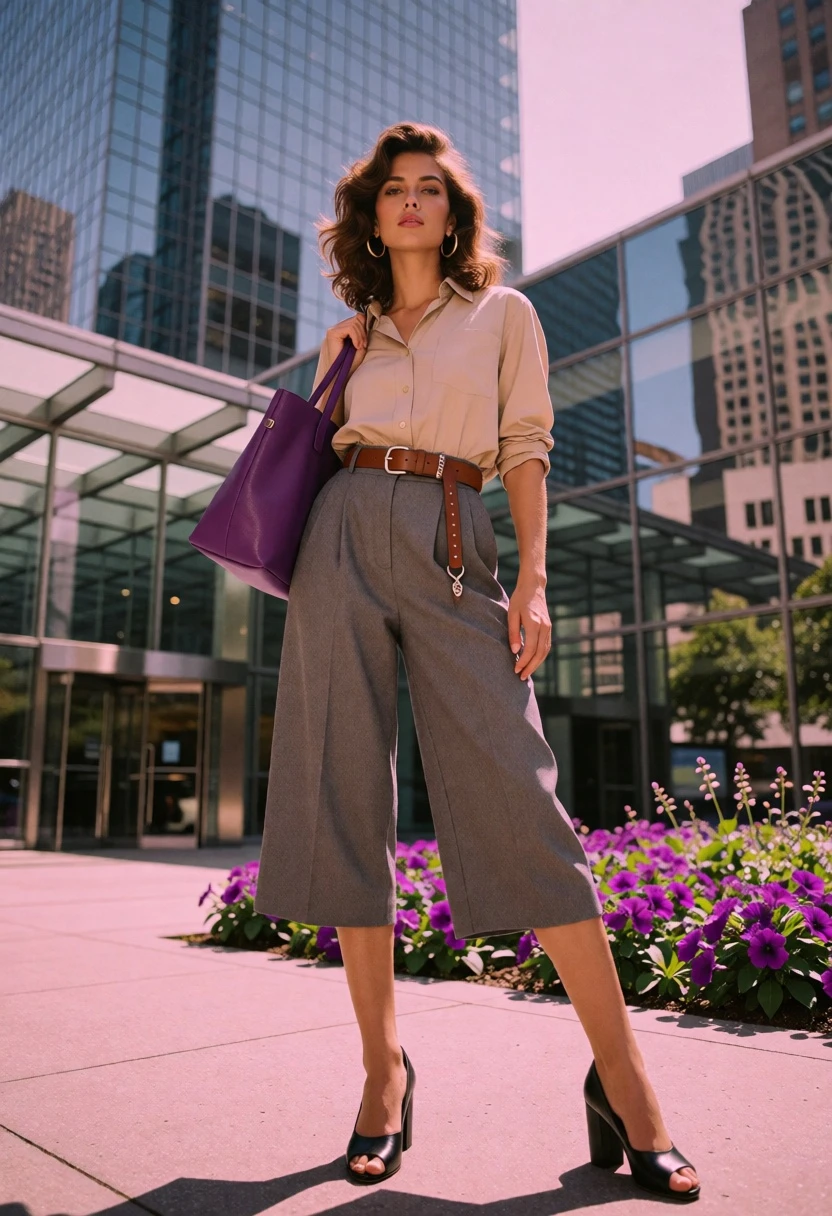 Woman in beige shirt culottes standing on pink sidewalk near glass buildings - AI generated image prompt sample