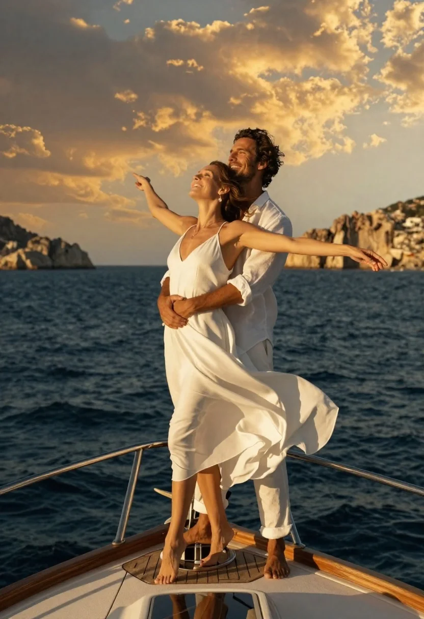 Romantic couple in white linen clothes on yacht bow at sunset - AI generated image prompt sample