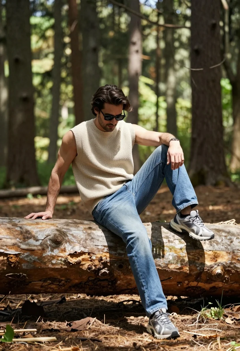 Man sitting casually on fallen log in sun dappled forest setting - AI generated image prompt sample