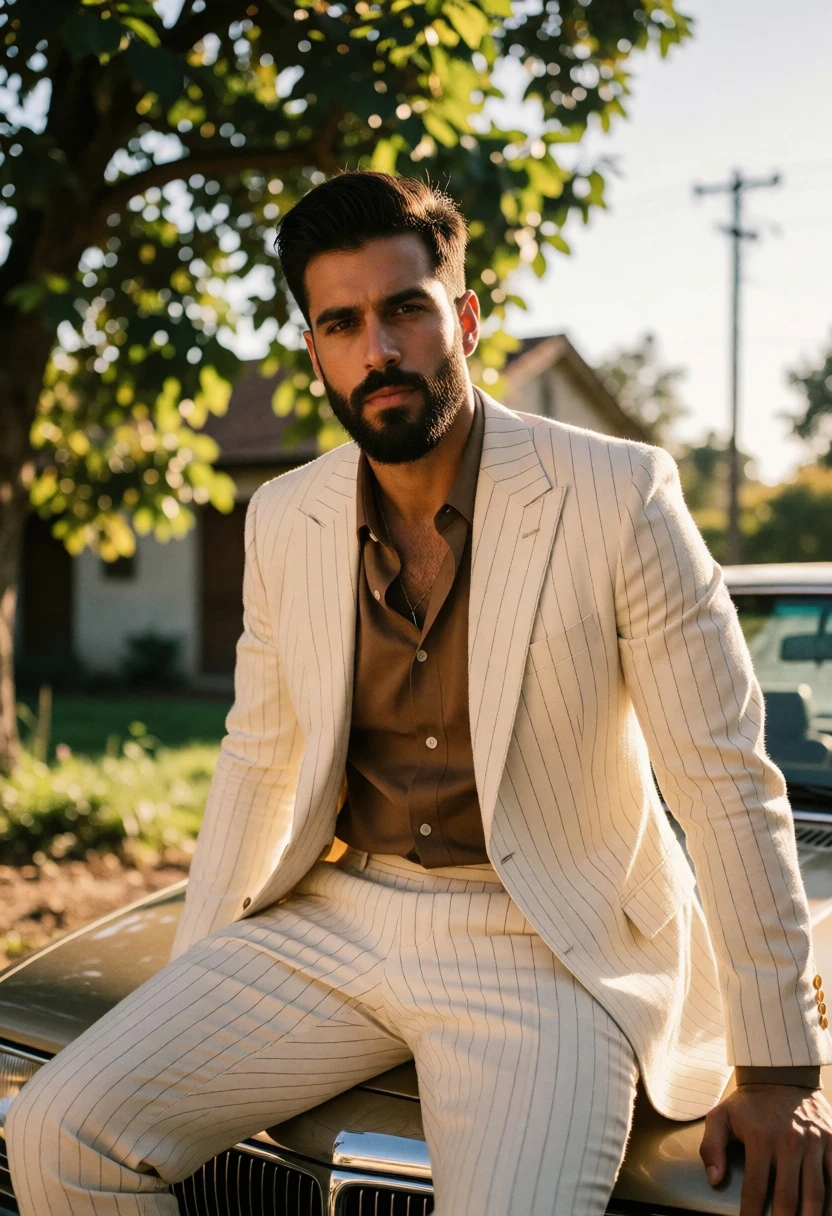Man in pinstripe suit sitting on vintage car hood outdoors at golden - AI generated image prompt sample