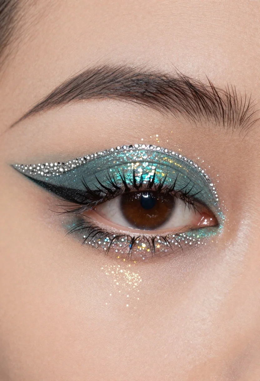 Extreme close up of an eye with glitter makeup