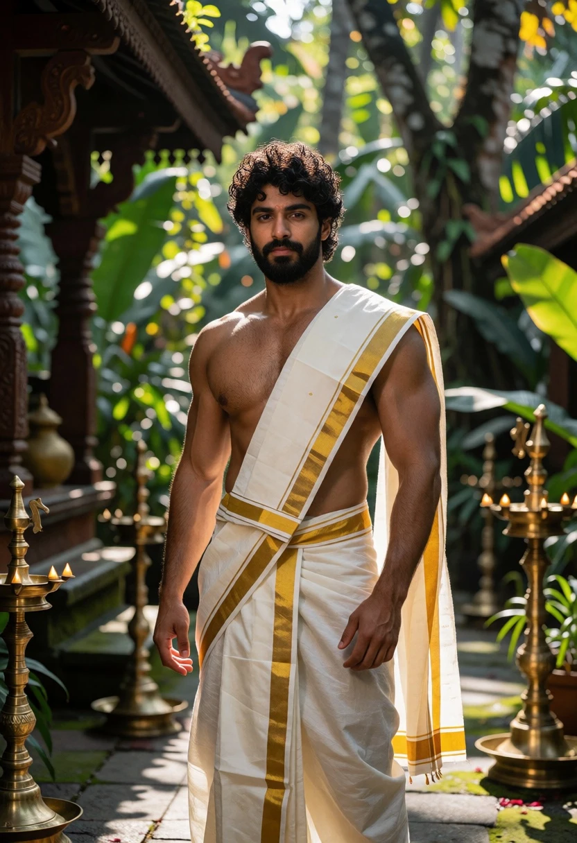 Muscular man in traditional attire within an ornate temple courtyard setting - AI generated image prompt sample