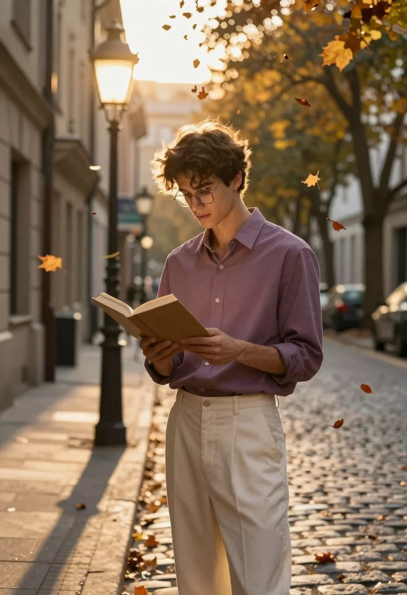 Young man reading book on european cobblestone street at golden hour - AI generated image prompt sample