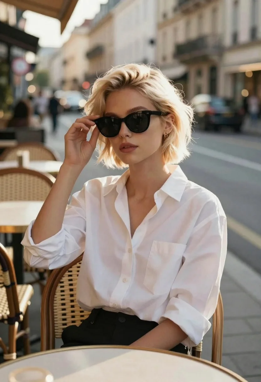 Young woman with platinum blonde hair adjusting sunglasses at an outdoor cafe - AI generated image prompt sample