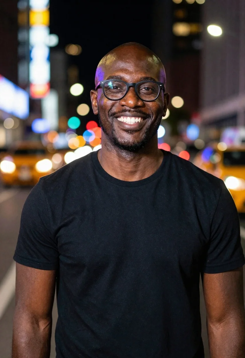 Smiling black man standing on a nighttime city street