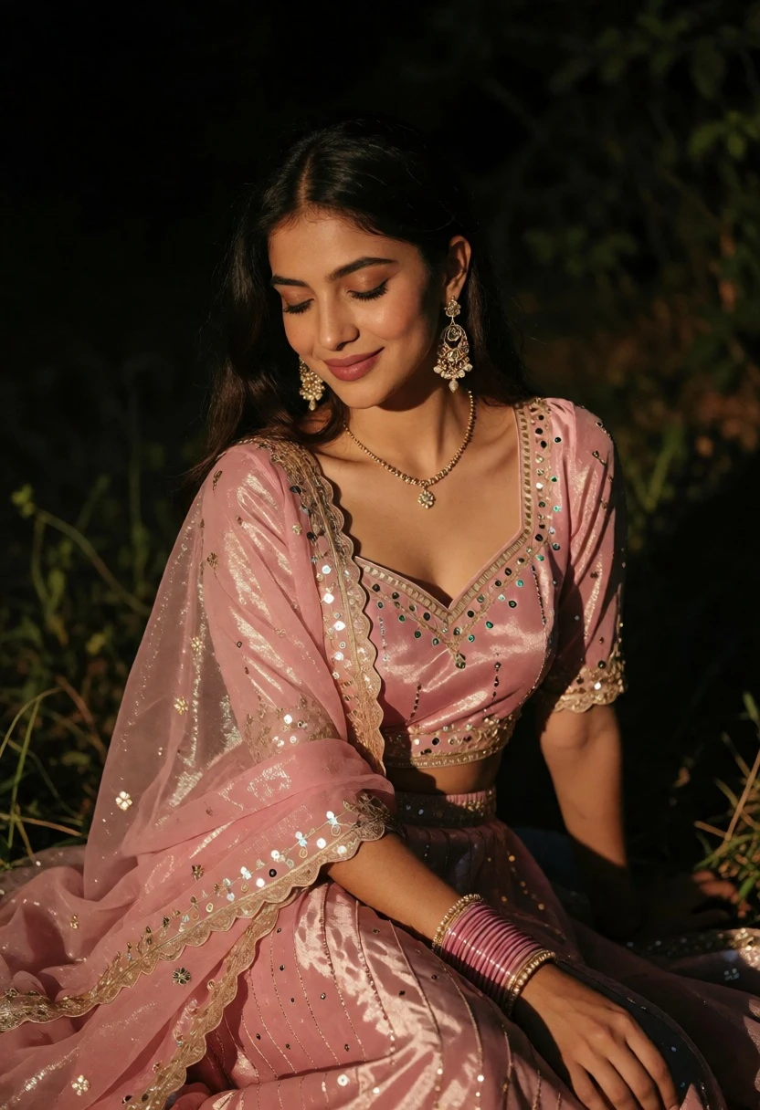 Young woman in shimmering pink traditional outfit seated outdoors at night - AI generated image prompt sample