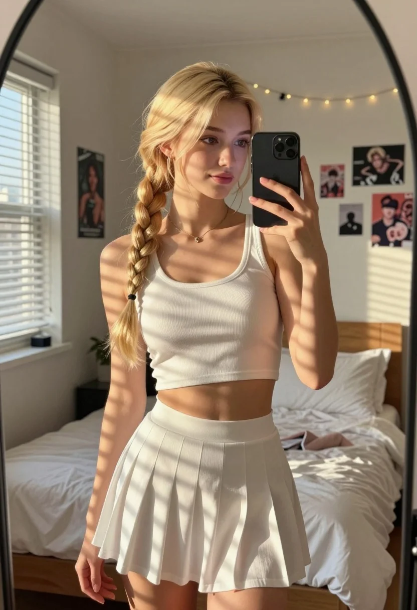 Blonde woman in white crop top taking a mirror selfie in cozy - AI generated image prompt sample