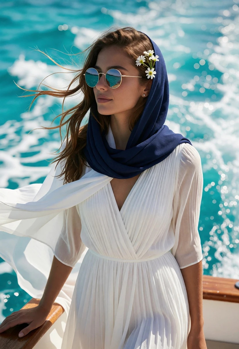 Young woman on boat deck with flowing white dress against turquoise ocean - AI generated image prompt sample