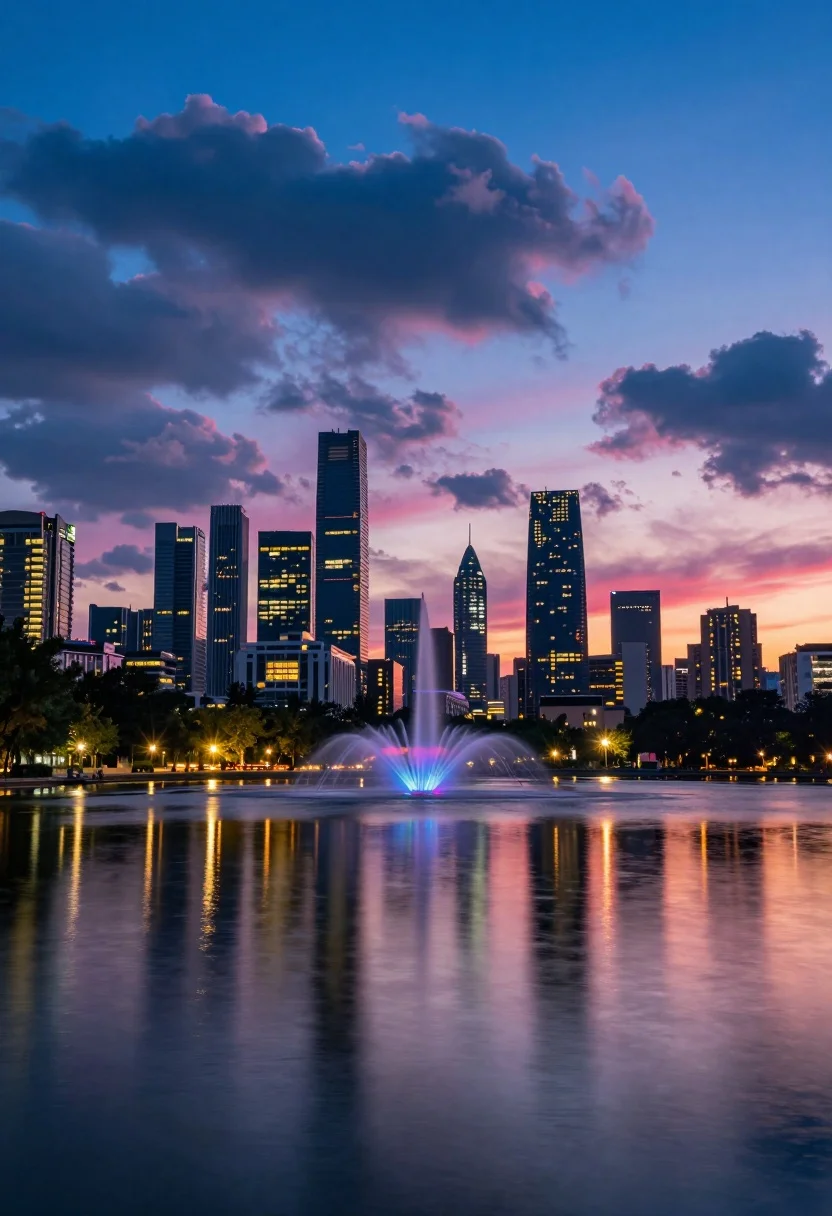 Vibrant city skyline reflection in calm water under dramatic twilight sky - AI generated image prompt sample