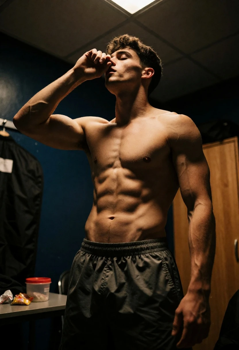 Muscular young man wiping face in dimly lit backstage dressing room setting - AI generated image prompt sample