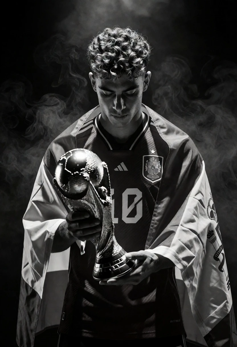 Young male athlete holding world cup trophy in dark studio setting - AI generated image prompt sample