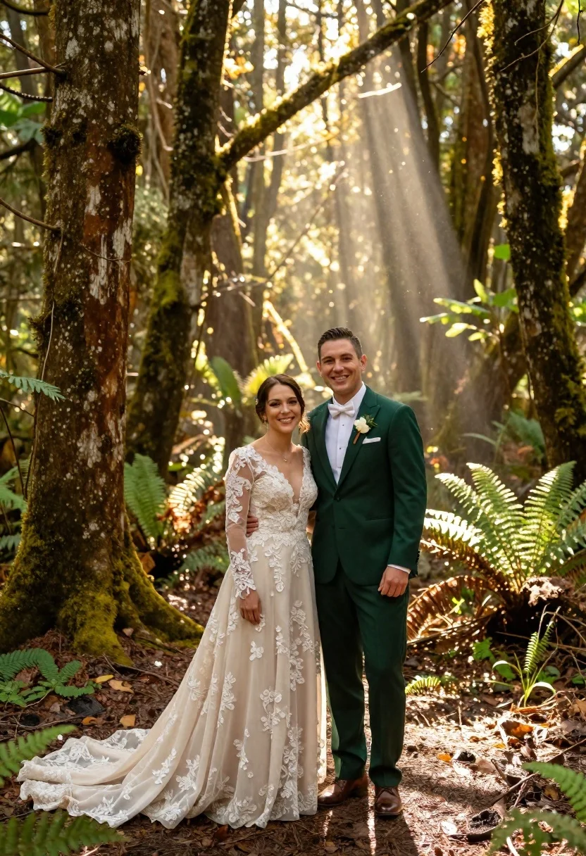 Happy wedding couple in forest with sunlight beams