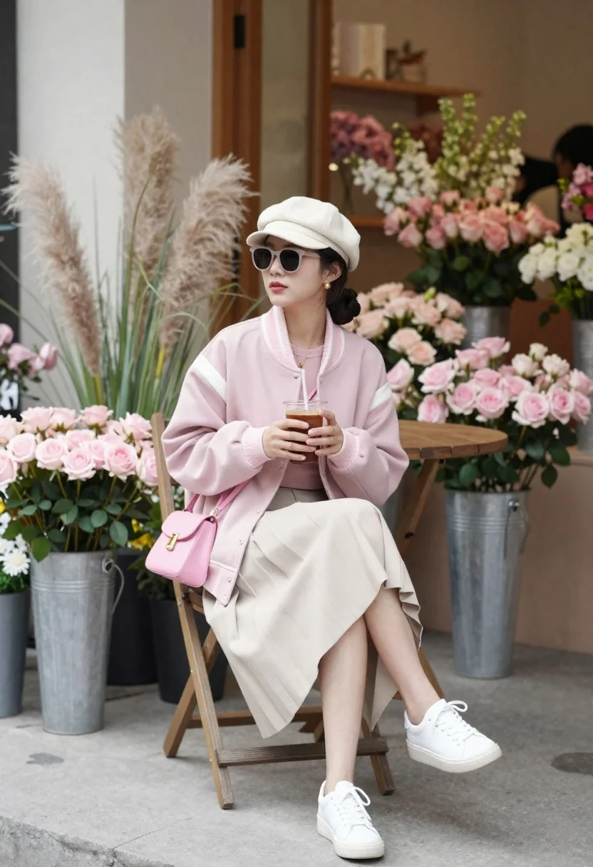 Young woman in pink jacket sitting in flower shop courtyard - AI generated image prompt sample