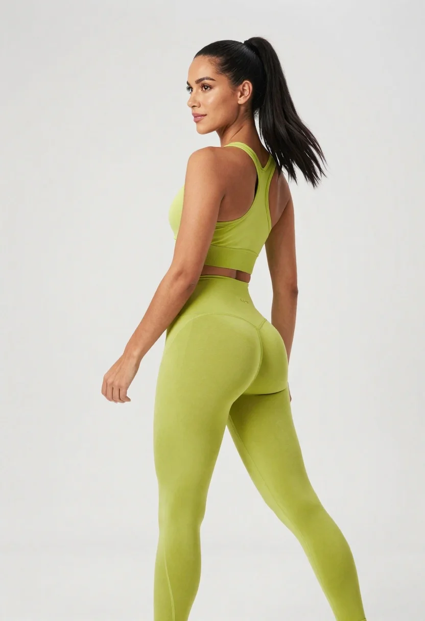 Fit woman in lime green athletic wear posing over shoulder in studio - AI generated image prompt sample
