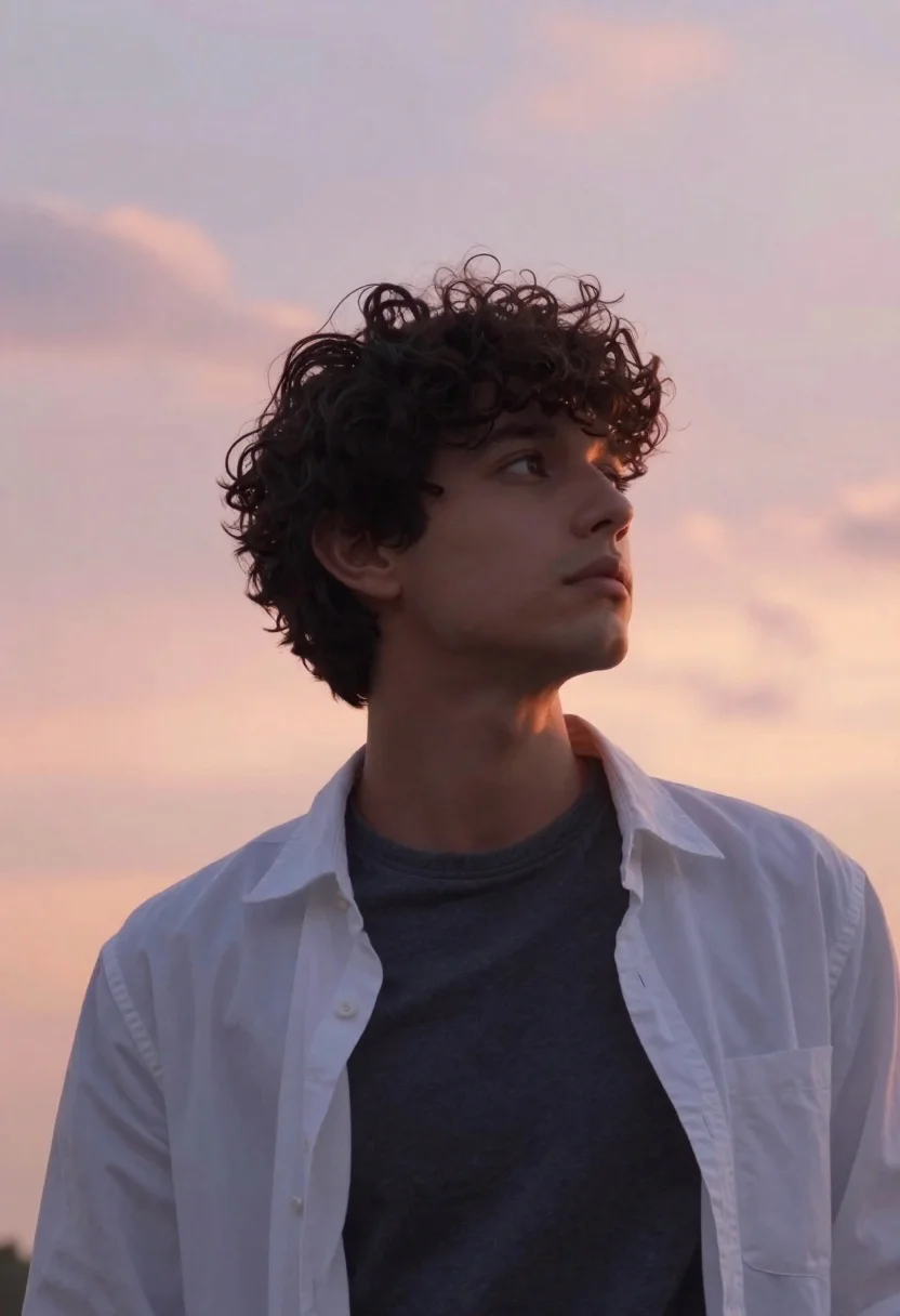 Young man looking up at soft pastel sunset sky from low angle - AI generated image prompt sample