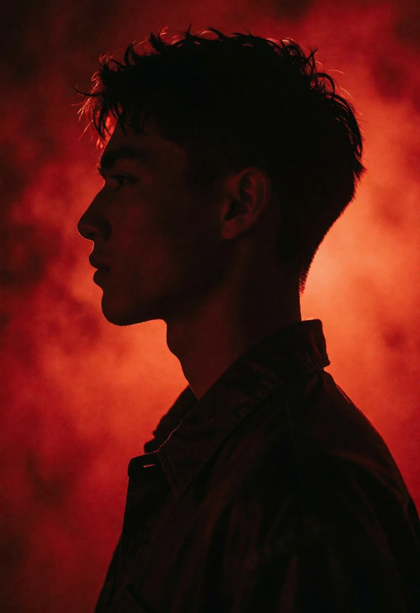 Dramatic male profile silhouette against saturated deep red atmospheric background - AI generated image prompt sample