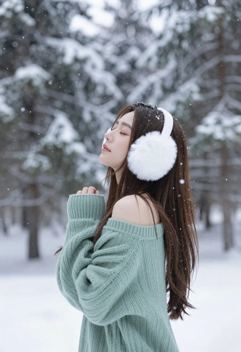 Young woman in green sweater and white earmuffs in snowy forest - AI generated image prompt sample