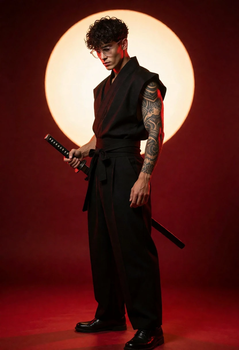 Full body studio portrait of modern samurai in black kimono against deep - AI generated image prompt sample