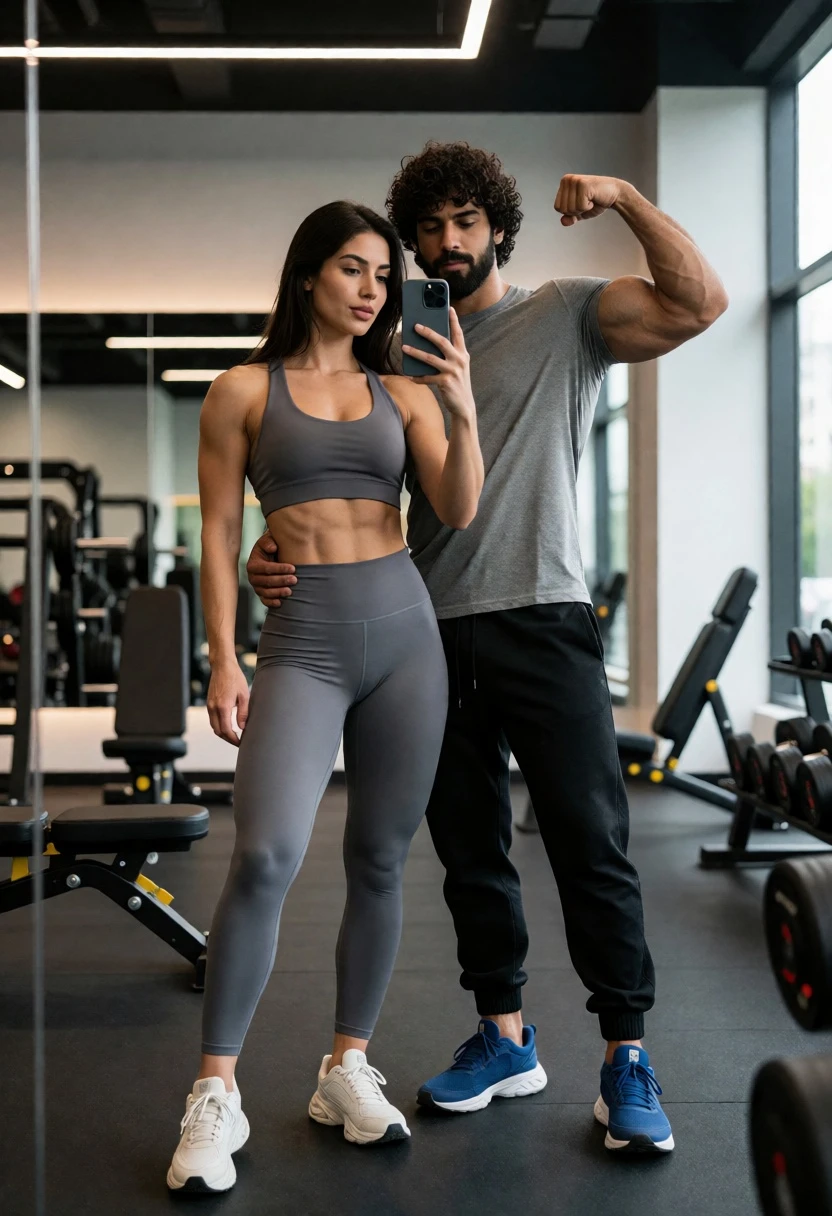 Couple taking a mirror selfie in modern gym setting with sweat - AI generated image prompt sample