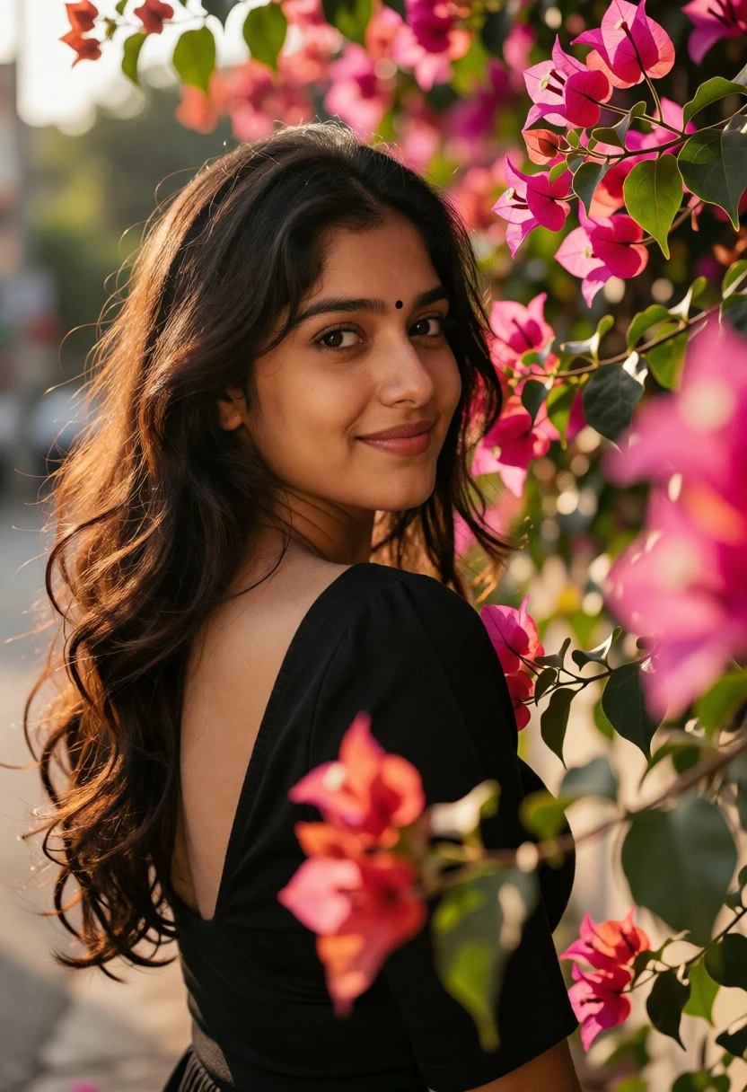 Young woman looking back over shoulder near vibrant pink bougainvillea flowers - AI generated image prompt sample