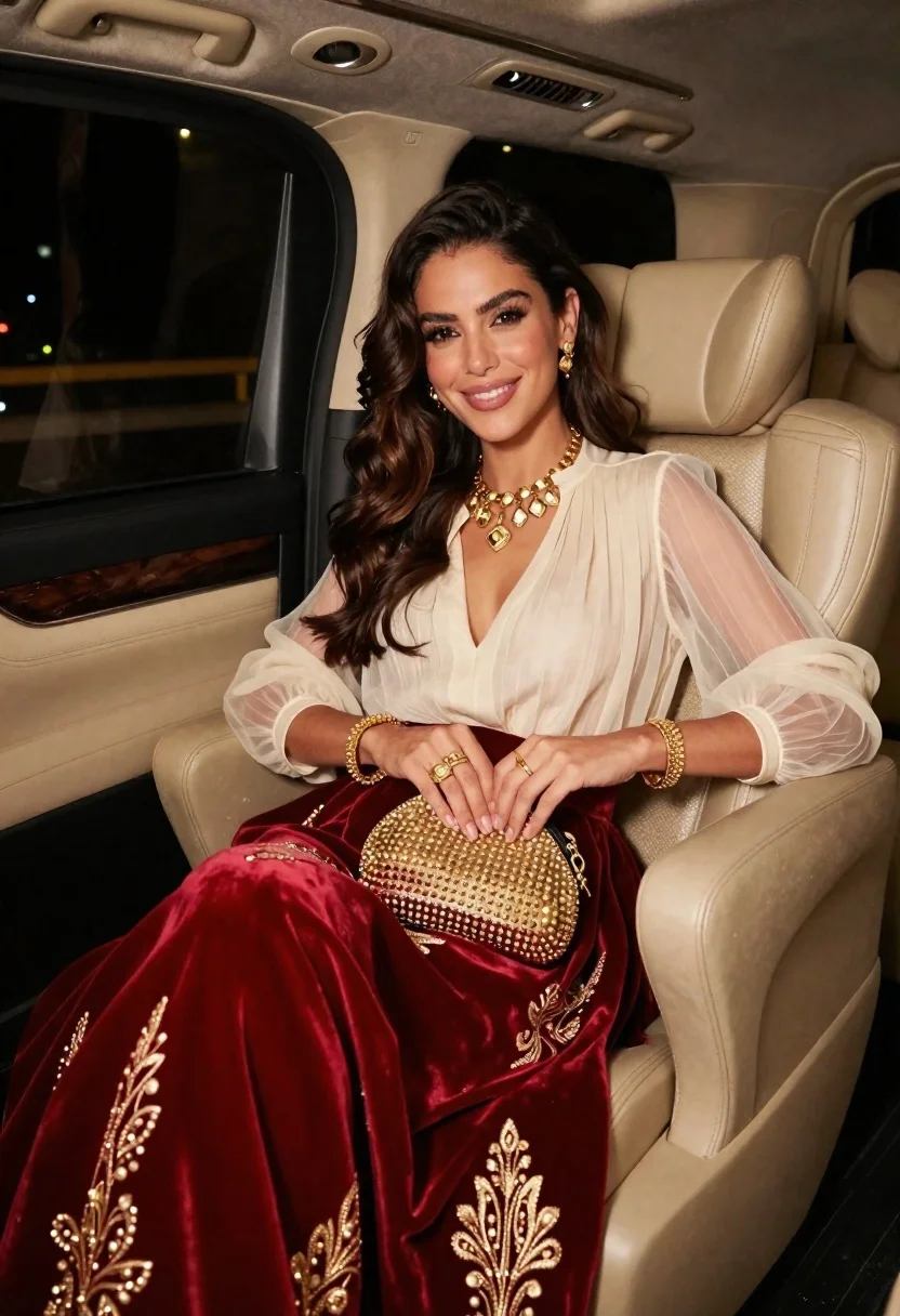 Glamorous woman in red velvet skirt inside luxury car at night