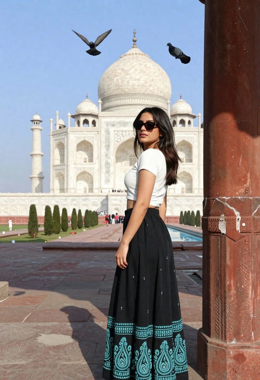 Young woman in white top and black skirt at taj mahal - AI generated image prompt sample