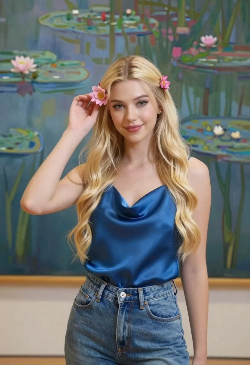 Young woman in blue satin top posing near large water lily painting - AI generated image prompt sample