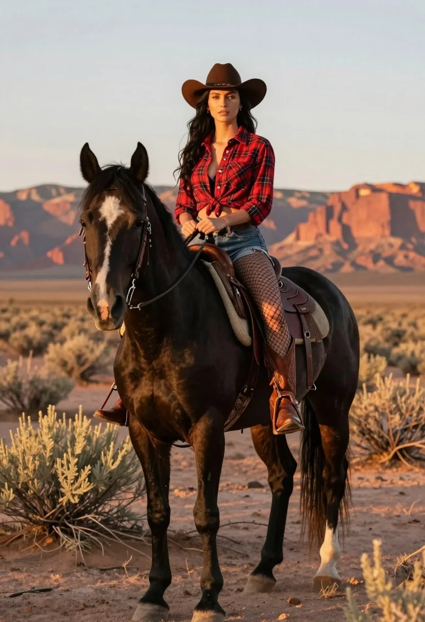 Woman riding black horse through desert landscape at golden hour - AI generated image prompt sample