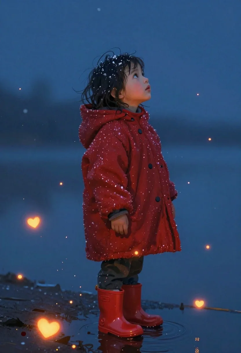 Child in red coat standing in shallow water under blue sky