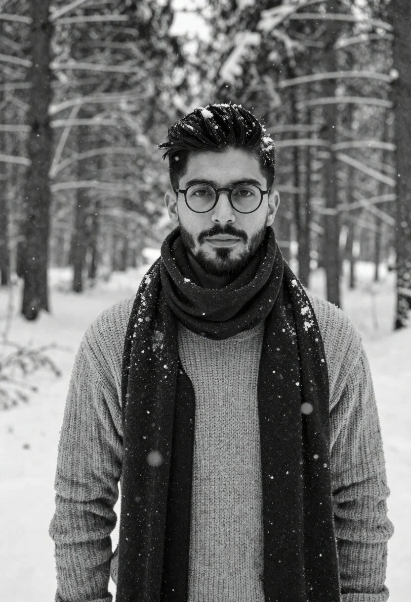 Black and white portrait of young man in snowy forest with falling - AI generated image prompt sample
