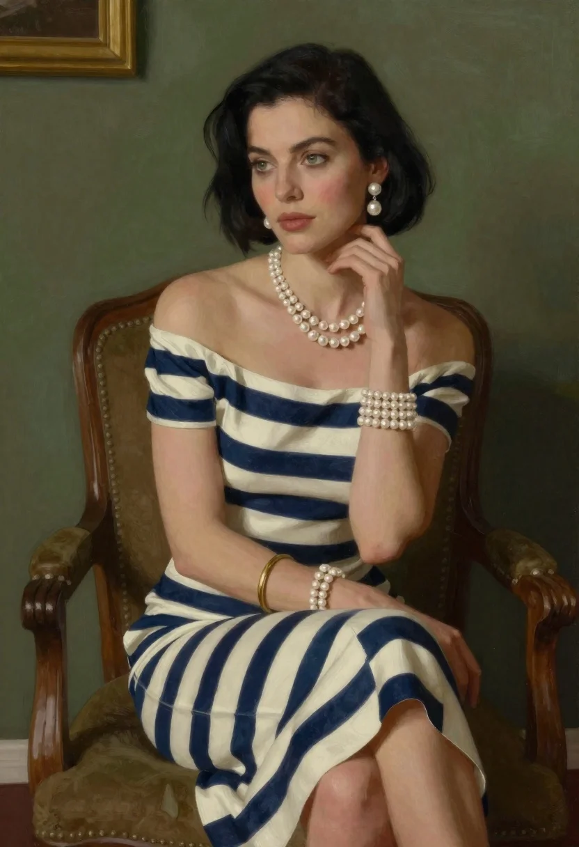 Woman in striped dress seated in armchair