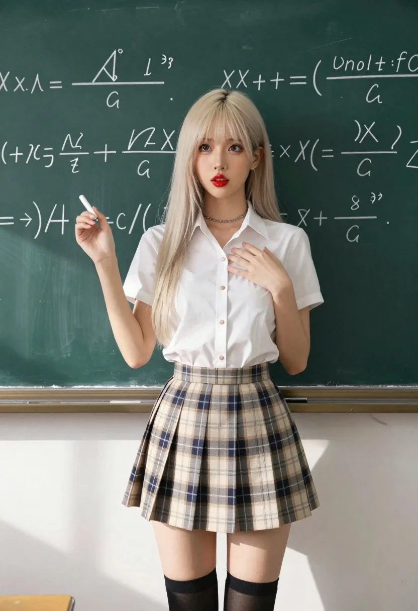 Woman standing before chalkboard filled with equations