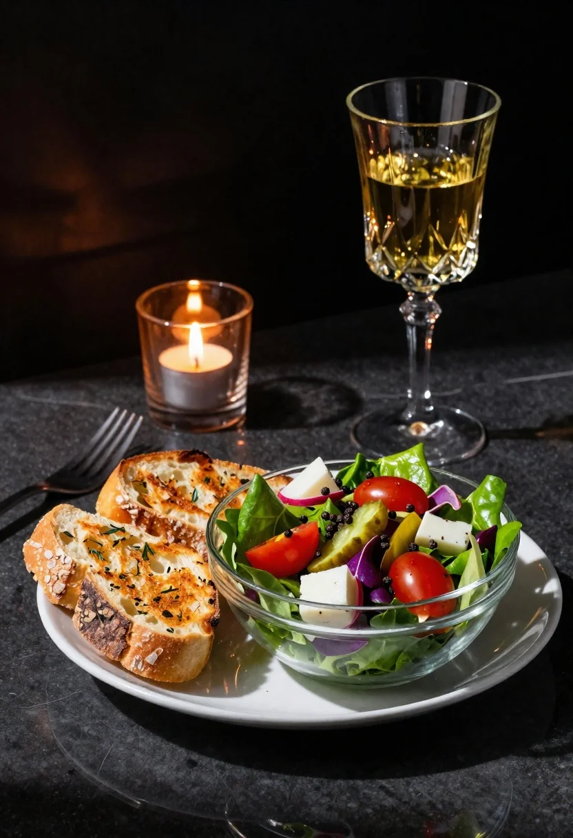 Vibrant salad and crusty bread on a dark table