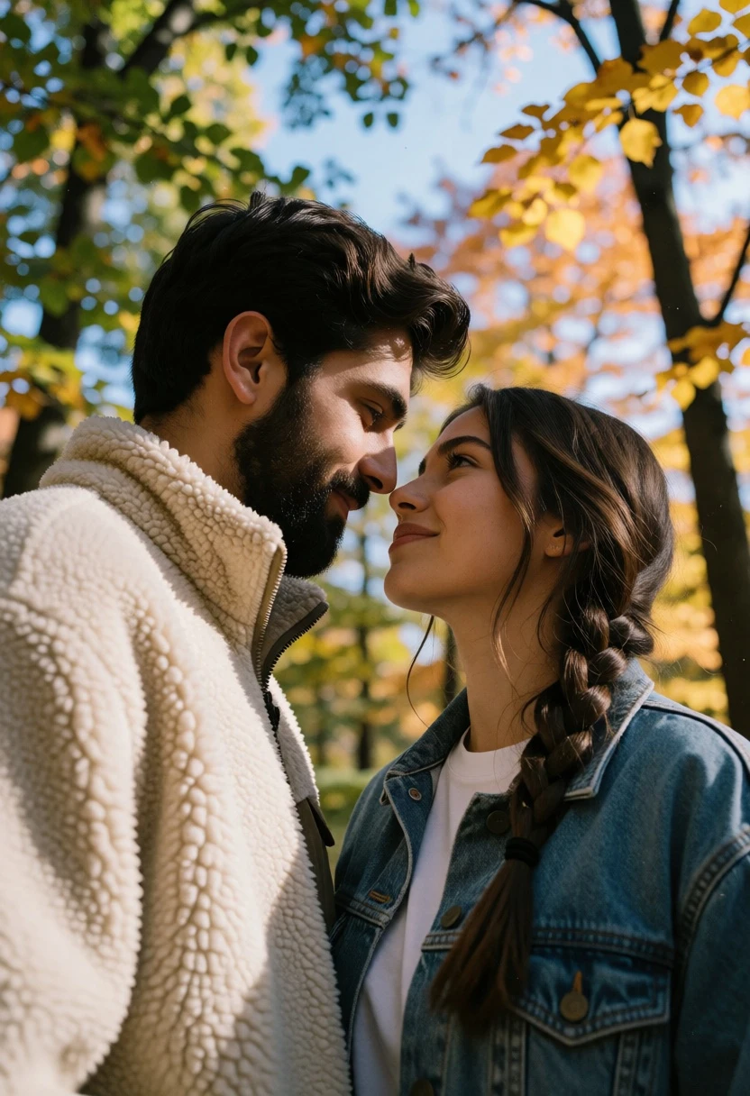 Intimate portrait of young couple in autumn forest under soft daylight - AI generated image prompt sample