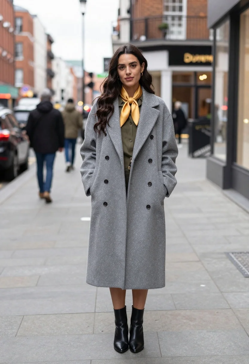 Stylish woman in grey coat on urban sidewalk