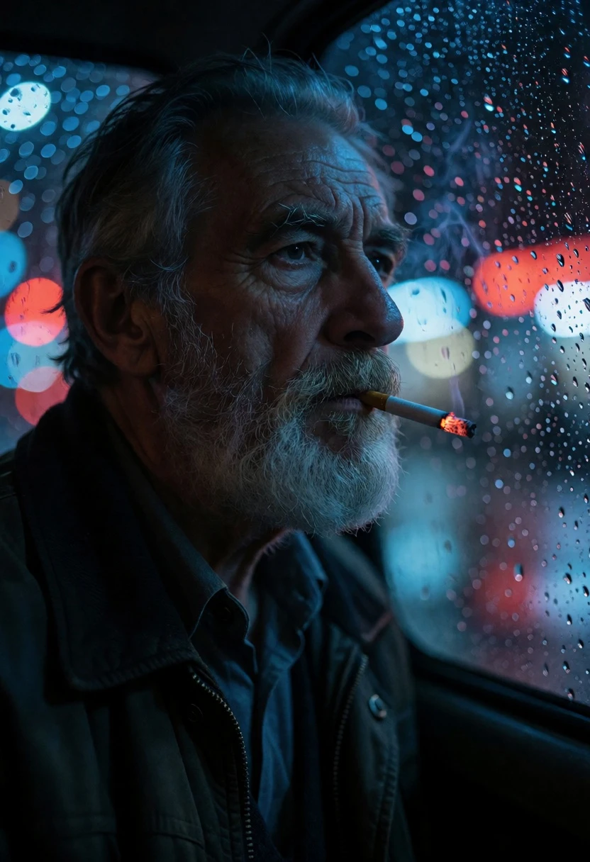 Elderly man smoking by rainstreaked window at night with bokeh lights - AI generated image prompt sample