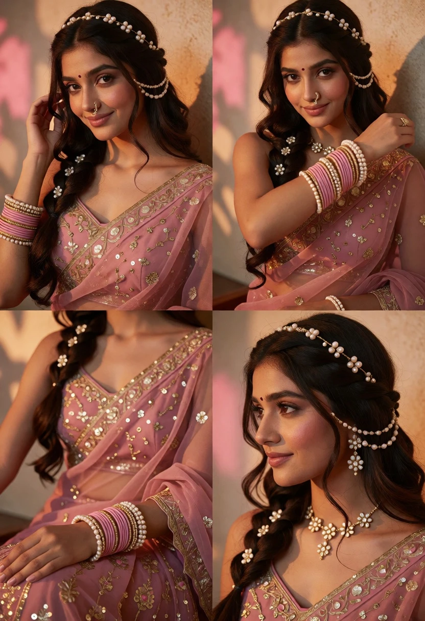 Portrait of young woman in dusty pink lehenga with gold jewelry - AI generated image prompt sample