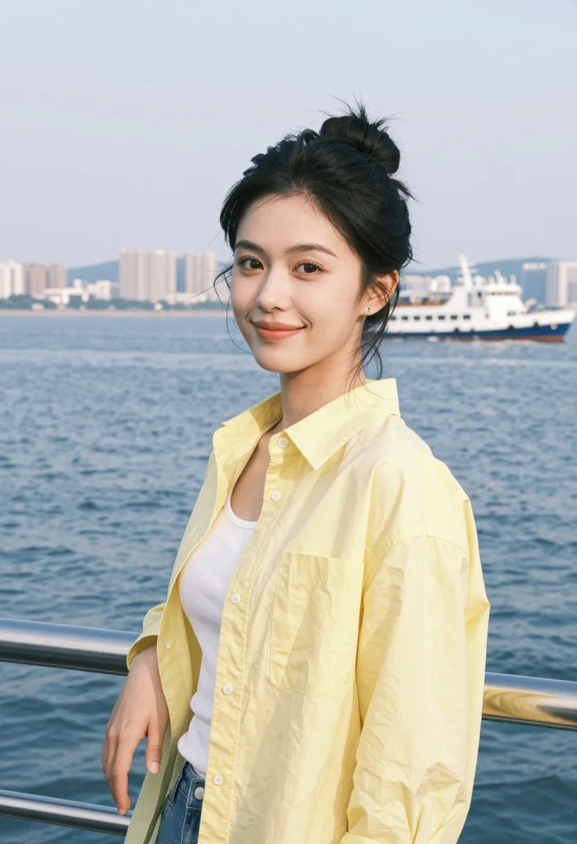 Young woman in yellow shirt leaning on railing overlooking blue water and - AI generated image prompt sample