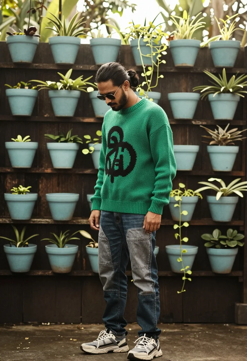 Man in green sweater standing by wall of hanging plants with vintage - AI generated image prompt sample