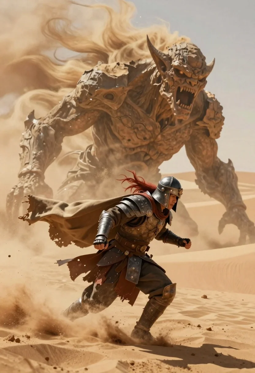 Armored warrior fleeing massive sand demon in desert