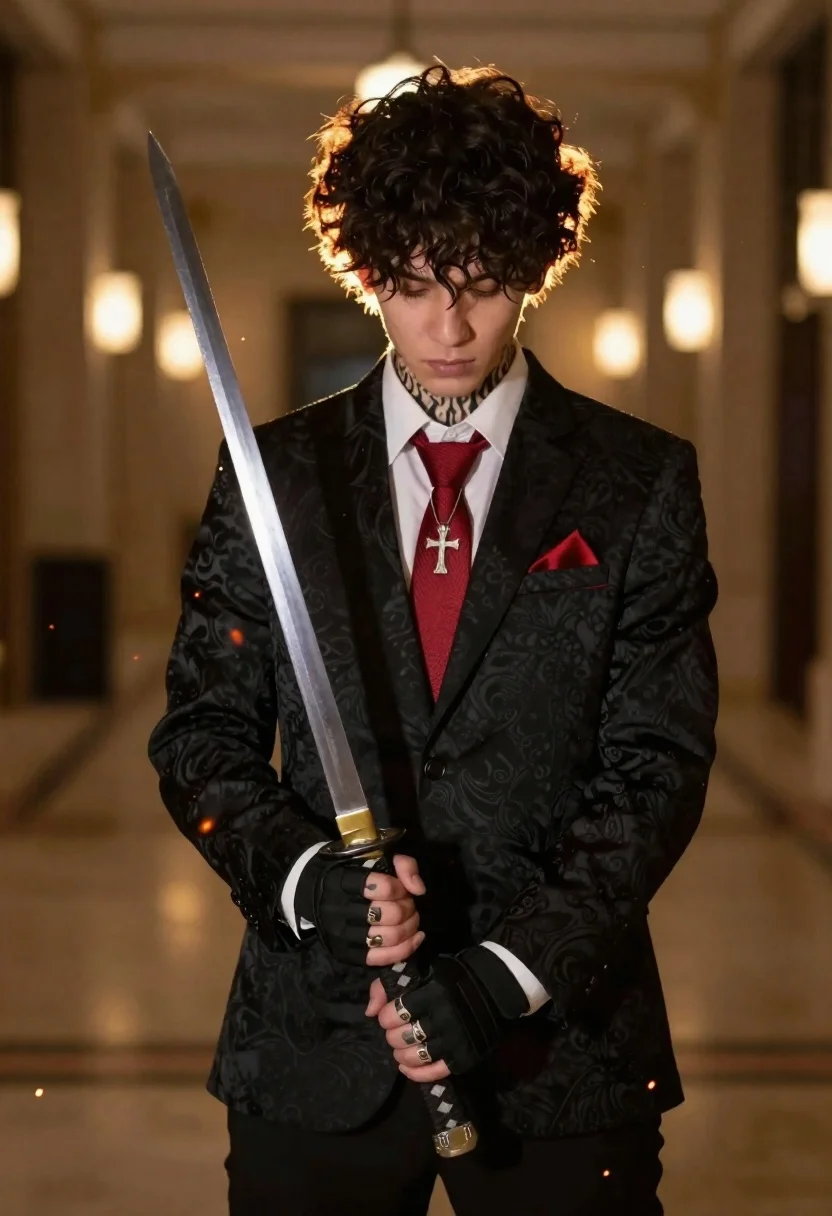 Young man with katana in suit standing in dimly lit hallway - AI generated image prompt sample