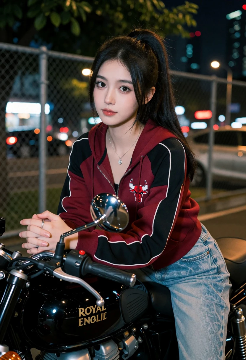 Young woman in hoodie sitting on black motorcycle on an urban street - AI generated image prompt sample