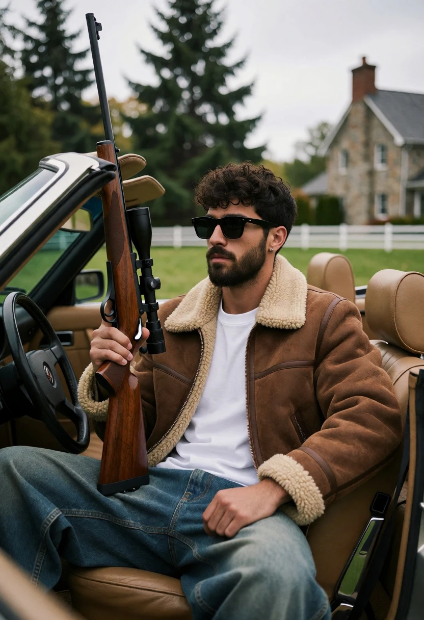 Man in vintage convertible holding rifle near stone house outdoors - AI generated image prompt sample
