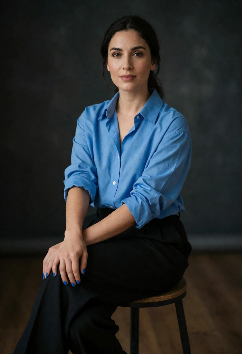 Woman seated on stool in blue shirt against dark studio backdrop - AI generated image prompt sample