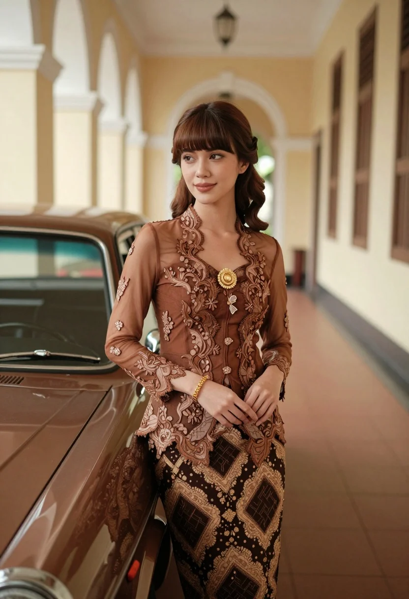 Young woman in kebaya beside vintage car in sunlit architectural corridor - AI generated image prompt sample